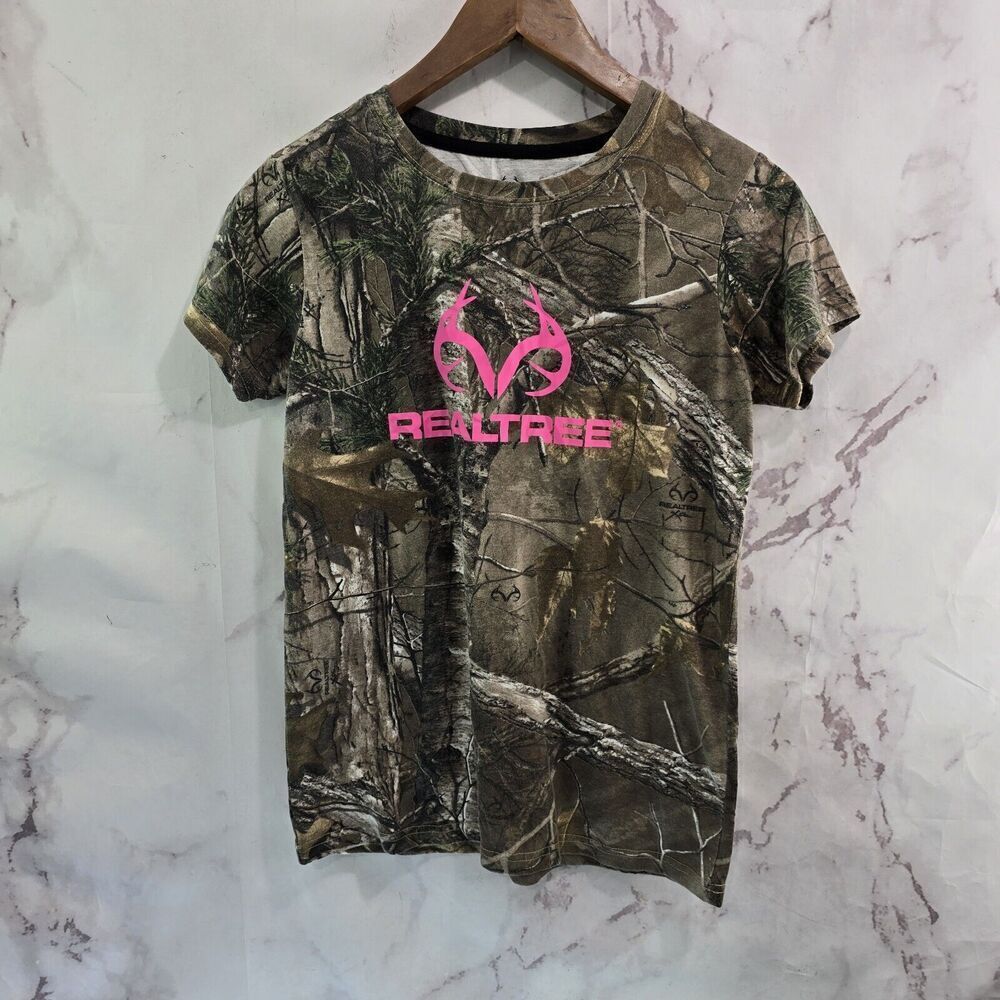 Realtree T Shirt Womens XS Camo Woodland Hunter Pink True Timber Cotton Short